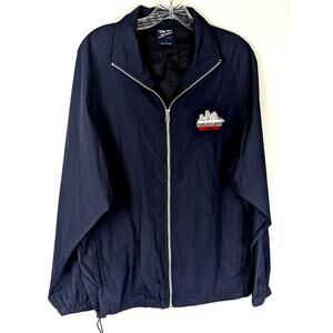 Vtge Rain jacket Navy bl Boston sailboat logo Sz S OVERSIZED Chest 46"CB Len 28"
